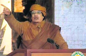 An image grab taken from Libyan state television on Tuesday shows Muammar Gaddafi delivering a nationwide address in Tripoli