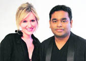 Oscar-winning composer AR Rahman (R) and singer-songwriter Dido pose for a photograph. Rahman is nominated for two Oscars, one for best original score for 127 Hours and one for original song If I Rise. Dido shares the best original song nomination with Rahman and Rollo Armstrong.