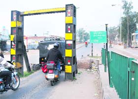 Barricades put up at the entry point to the Rajpura flyover