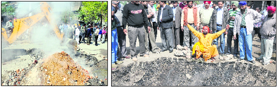 A JCB machine of the municipal corporation digs a road; and (right) a self-proclaimed “godman” performs a ritual where fumes began emanating after an acid spill in Ludhiana on Saturday. Tribune photos: Himanshu Mahajan