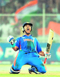Yuvraj Singh celebrates after hitting the winning shot against Australia at Motera in Ahmedabad on Thursday.