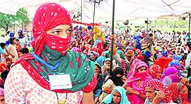 Women activists hold fort in Hisars Mayyar village on Friday.
