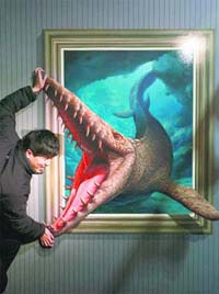 A man takes a picture with a painting during an exhibition by the Trick Art Museum of Japan at the National Taiwan Science Education Centre in Taipei recently