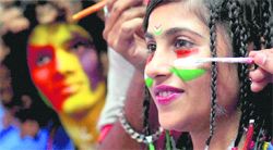 A fan gets ready for the World Cup cricket final between India and Sri Lanka, in Mumbai