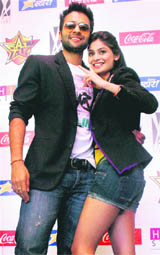 Bollywood actors Jackky Bhagnani and Pooja Gupta during the pramotion of the film F.A.L.T.U. in Thane, Mumbai.