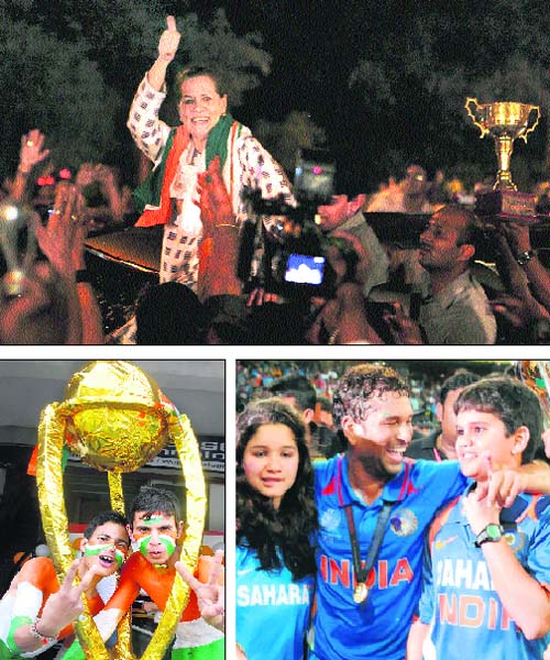 (Clockwise from top): UPA chairperson Sonia Gandhi greets a crowd of cricket fans after the Team India won the World Cup, in New Delhi; Sachin with daughter Sara and son Arjun at the Wankhede Stadium on Saturday; youths celebrate the Indian triumph in Jalandhar