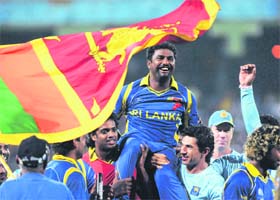 In this photograph taken on March 29 this year, Muttiah Muralitharan is carried back to the dressing room after Sri Lanka beat New Zealand in the ICC World Cup semifinal