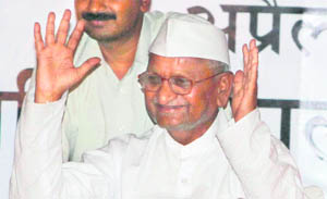 Anna Hazare after the announcement of an agreement for setting up a joint committee on the Lokpal Bill, in New Delhi on Friday night.