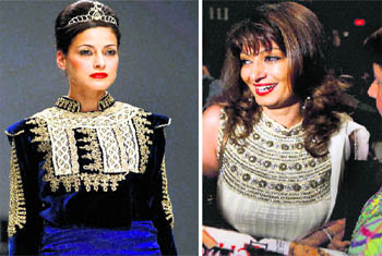 A model shows the creation of designer Preeti Chandra during Wills Lifestyle India Fashion Week in New Delhi. (Right) Sunanda Pushkar, wife of former minister Shashi Tharoor, at the show.