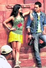 Bollywood actors Imran Khan and Katrina Kaif pose for pictures during the shooting of the film Mere Brother ki Shadi at the Agra Fort