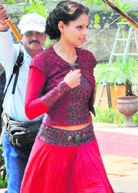 Singular problem: Bollywood actress Bipasha Basu during the shooting of Ronald Joffe's film Singularity on the premises of the world famous cenotaphs in heritage city Orchha, Tikamgarh
