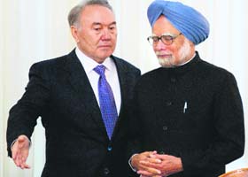 Kazakh President Nursultan Nazarbayev with Prime Minister Manmohan Singh in Astana on Saturday
