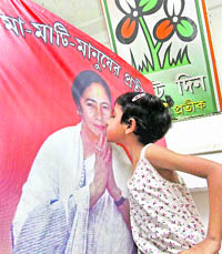 A child kisses Mamata Banerjees poster at Bolpur in Birbhum district on Saturday