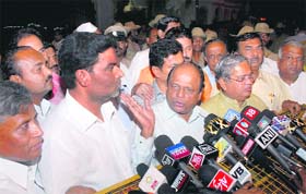 CHANGING TONE: Rebel BJP MLAs address the media after extending unconditional support to the Yeddyurappa government in Bangalore on Sunday