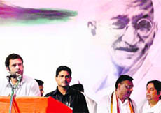 AICC general secretary Rahul Gandhi addresses the party convention in Varanasi on Wednesday. 