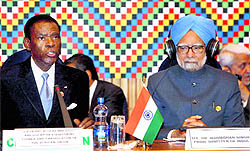 Prime Minister Manmohan Singh looks on as Teodoro Obiang Nguema Mbasogo, African Union Chairperson and Equatorial Guinea President, speaks during the Plenary Session of the Africa-India Forum Summit in Ethiopia on Tuesday.  PTI