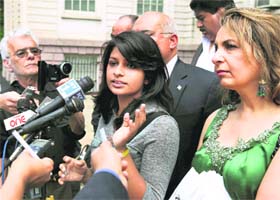 CRYING FOUL: High school student Krittika Biswas, daughter of an Indian diplomat, addresses a press conference in Manhattan on Tuesday