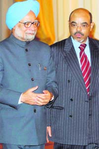 PM Manmohan Singh with his Ethiopian counterpart Meles Zenawi in Addis Ababa on Wednesday