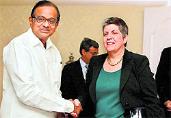 Home Minister P Chidambaram with US Secretary of Homeland Security Janet Napolitano in New Delhi on Friday.