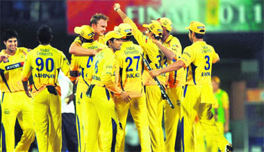 Chennai Super Kings players celebrate their win over Royal Challengers Bangalore after the IPL final match at the M.A. Chidambaram Stadium in Chennai on Saturday. Thanks to rollicking 52-ball 95 by opener Murali Vijay, Chennai posted an imposing 205 for 5 in 20 overs. Chasing the target, Royal Challengers finished at 147 for 8. Super Kings won by 58 runs to retain the title
