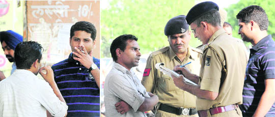 Chandigarh residents smoke at a public place in Sector 34 on World NoTobacco Day on Tuesday; and (right) Policemen challan them for the offence.