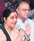 BJP leaders Sushma Swaraj and Arun Jaitley address a press conference in New Delhi on Sunday.