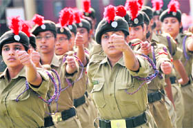 NCC cadets from different colleges participate in a drill during the annual training camp at the Khalsa College for Women in Ludhiana