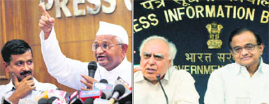 (Left) Civil Society activists Anna Hazare and Arvind Kejriwal at a press conference in New Delhi on Thursday; (right) Union Ministers Kapil Sibal and P Chidambaram at a press conference on Lokpal Bill in New Delhi