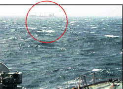 MV Suez (circle) is heading towards Oman under the surveillance of INS Godavari