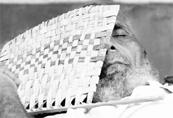 A potter fans himself to sleep in the afternoon at Sector 9, Panchkula, on Monday