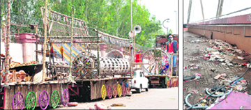 (Left)The items used in the opening ceremony of the Commonwealth Games still lie unattended outside the Jawaharlal Nehru Stadium; and (right) the stadium has not been cleaned ever since the Games got over