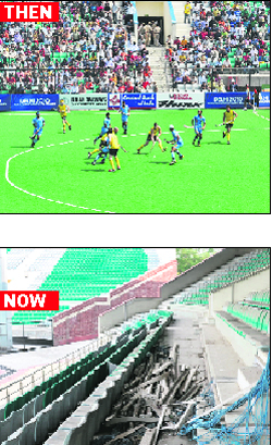 An India-Australia match in progress and (below) waste material scattered in the stadium’s spectator stand