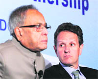 Finance Minister Pranab Mukherjee with US Treasury Secretary Timothy Geithner in Washington DC.