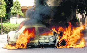 INFERNO A Tata Indigo car being driven by Parag, a resident of Sector 70, Mohali, caught fire while he, along with his mother, was on his way to the Phase-VII market on Saturday