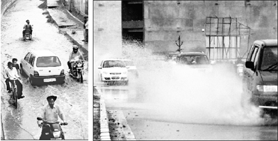 Commuters wade their way through a waterlogged road along with the Zirakpur railway overbridge; and a car splashes water accumulated on the Panchkula-Zirakpur highway causing inconvenience to drivers of vehicles following it near Dhakoli on Sunday