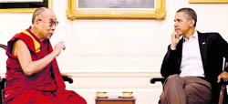 US President Barack Obama with the Dalai Lama in the Map Room of the White House on Saturday.