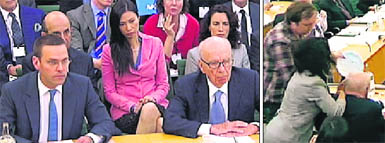 James (L) and Rupert Murdoch appear before a parliamentary committee in London; (Right) a man attacks Rupert Murdoch with a plate at the hearing. 