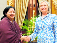 Chief Minister J Jayalalithaa (L) shakes hands with US Secretary of state Hillary Clinton in Chennai on Wednesday