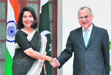 Foreign Secretary Nirupama Rao with her Pakistani counterpart Salman Bashir ahead of their meeting in New Delhi on Tuesday. 