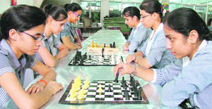 Girls during the Inter-School Chess Tournament in Ludhiana