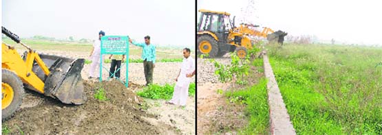 An earth moving machine of GLADA digs up a road; and (right) pulls down a boundary wall of an unauthorised colony at Kanech village in Ludhiana
