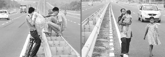Not giving two hoots to his safety, a youth crosses over a divider; and (right) pedestrians walk on the Panchkula-Kalka highway to cross the divider near Sector 3 at Panchkula