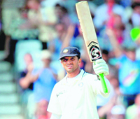 Rahul Dravid celebrates after scoring a ton (117) on the second day of the second Test against England at Trent Bridge in Nottingham on Saturday. This was Dravids 34th Test century. India were all out for 288 in their first innings. England were 24/1 at stumps