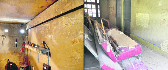 Bad condition of walls and the roof inside the heritage home at the Government College of Women in ludhiana and (right) Broken couches and chairs lying in the verandah outside the heritage home.