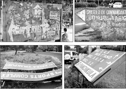 defaced signboards at Sector 9 and on the road separating Sectors 5 and 6 in Panchkula