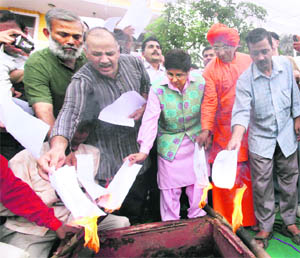 Civil society members burn copies of the Lokpal Bill in New Delhi 