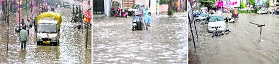 (Left) A water-logged street near the Meena Bazaar Chowk, (centre) an elderly couple try hard to drive a scooter in the Ghumar Mandi area; and (right) vehicles submerged in water outside the Khalsa College for Women in Ludhiana on Saturday.