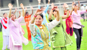 Schoolgirls participate in an I-Day function rehearsal in Ludhiana on Sunday.