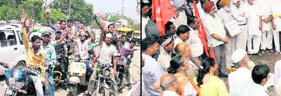 A group of two wheeler-borne youngsters raise slogans on the roads. (Left) and CPI activists stage a protest outside the Mini Secretariat.