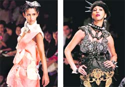 Models display the creation of designer Farah and Sanjana and Siddharth Aryan, respectively, on the first day of Lakme Fashion Week in Mumbai